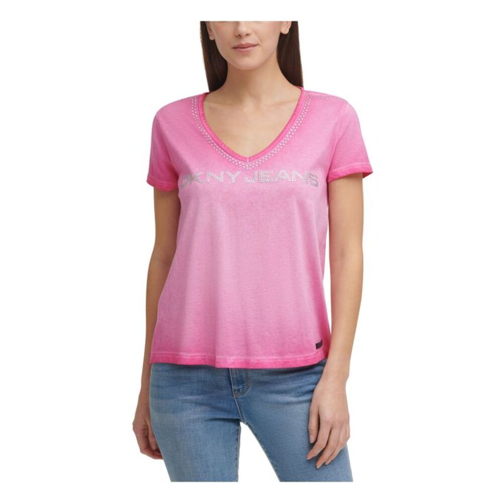 NWT DKNY JEANS Womens Pink Embellished Logo Short Sleeve V Neck T-Shirt S
